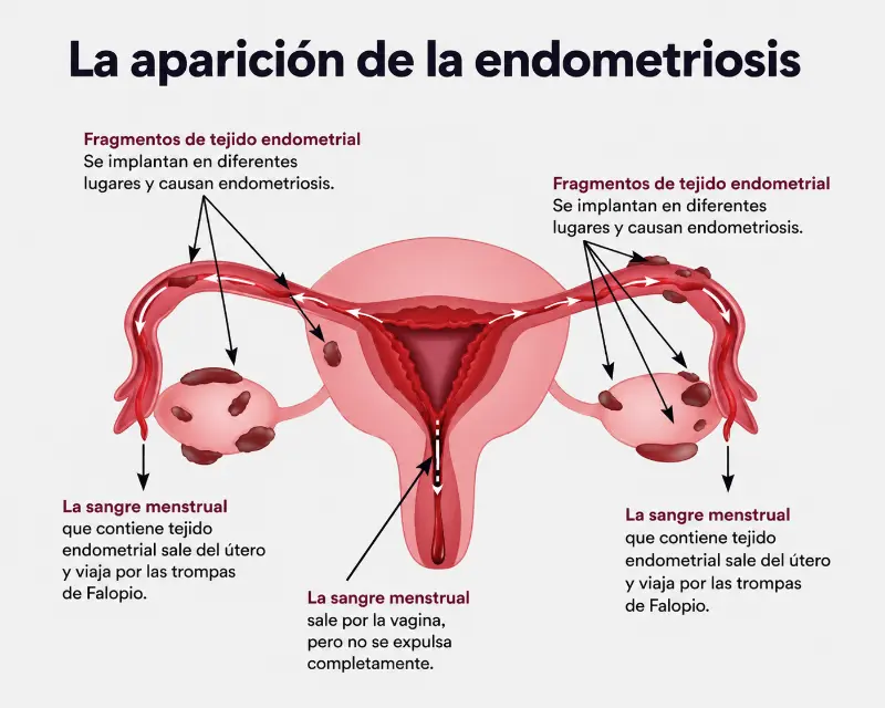 Ilustración médica de la endometriosis mostrando el útero, trompas de Falopio y la posible implantación de tejido endometrial fuera del útero